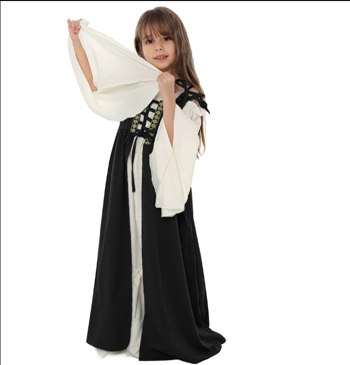 Medieval Renaissance Costume: Kids Square Collar Retro Dress Female Outfits Halloween Costume