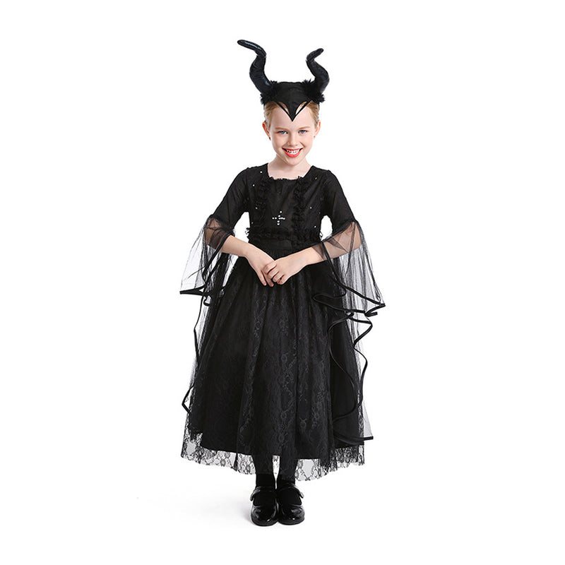 Bullhorn Headband Witch Black Dress Dark Little Witch Cosplay Costume Outfits Halloween Carnival Suit