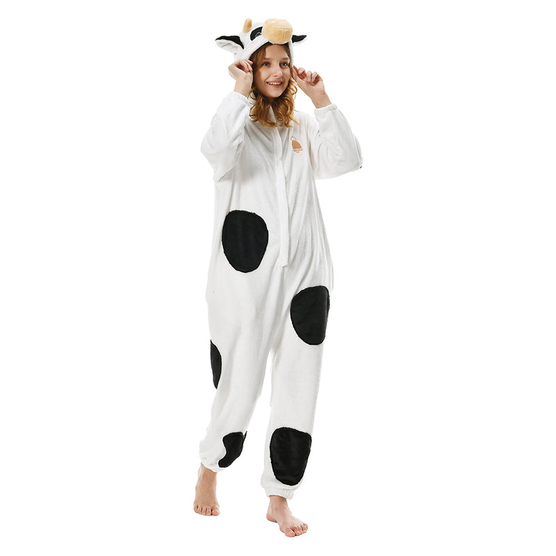 Cartoon Animal Cow Pajamas Onesies Sleepwear Flannel Jumpsuits Outfits Halloween Carnival Suit