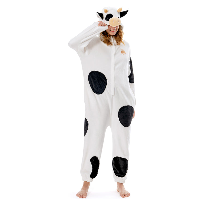 Cartoon Animal Cow Pajamas Onesies Sleepwear Flannel Jumpsuits Outfits Halloween Carnival Suit