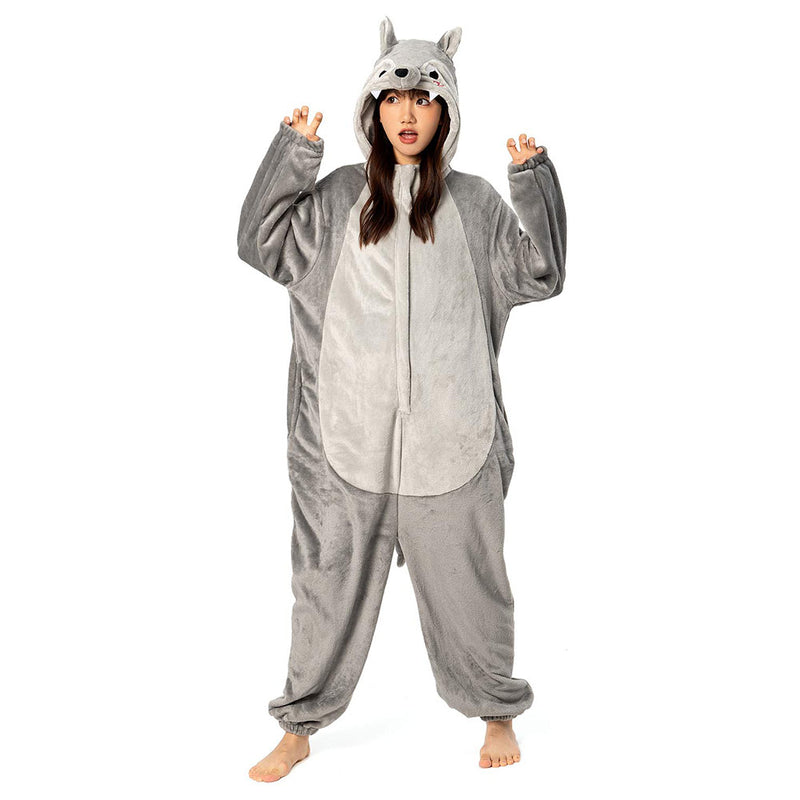 Cartoon Animal Wolf Pajamas Onesies Sleepwear Flannel Jumpsuits Outfits Halloween Carnival Suit