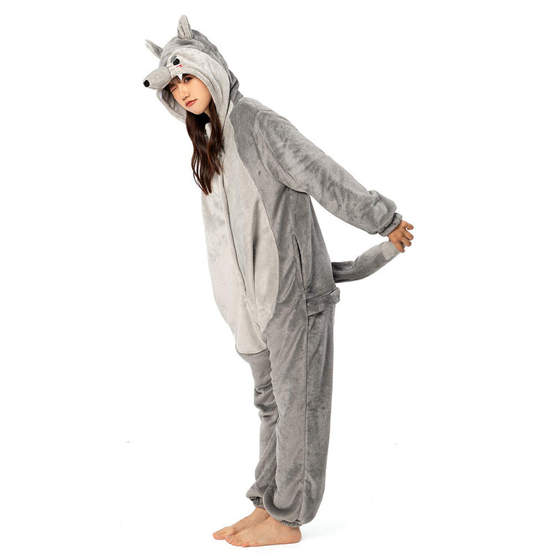 Cartoon Animal Wolf Pajamas Onesies Sleepwear Flannel Jumpsuits Outfits Halloween Carnival Suit