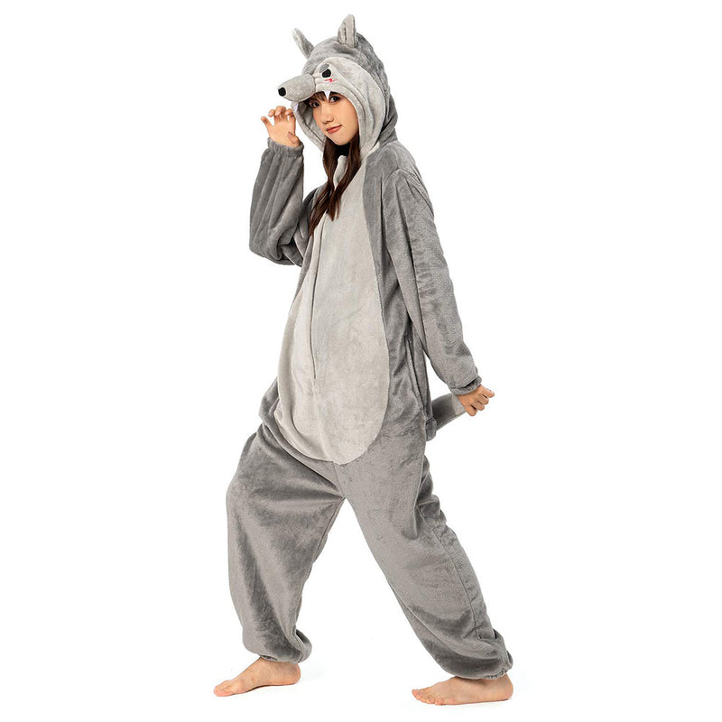 Cartoon Animal Wolf Pajamas Onesies Sleepwear Flannel Jumpsuits Outfits Halloween Carnival Suit