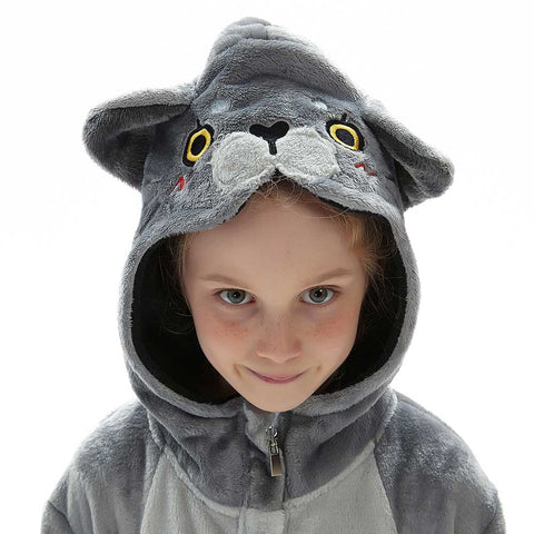 Children Animal Pajamas Cartoon British Shorthair Cat Onesies Kids Warm Flannel Hooded Sleepwear