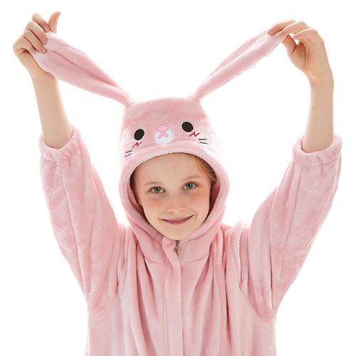 Children Animal Pajamas Cartoon Rabbit Onesies Kids Warm Flannel Hooded Sleepwear
