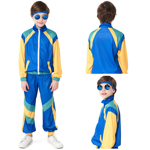 Children Stage Costume Blue Retro Dance Clothes Sportwear Set Outfits Halloween Carnival Suit