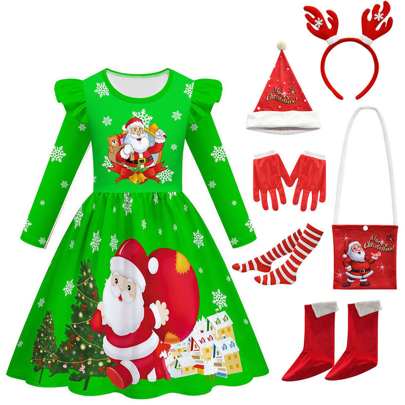 Children‘s Green Christmas Dress Cosplay Costume Outfits Halloween Carnival Suit