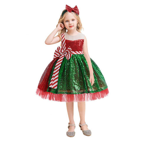 SeeCosplay Christmas Kids Girls Sequined Bow Cosplay Dress Halloween Carnival Costume