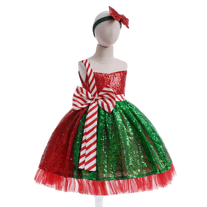 SeeCosplay Christmas Kids Girls Sequined Bow Cosplay Dress Halloween Carnival Costume GirlKidsCostume