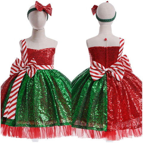 SeeCosplay Christmas Kids Girls Sequined Bow Cosplay Dress Halloween Carnival Costume GirlKidsCostume