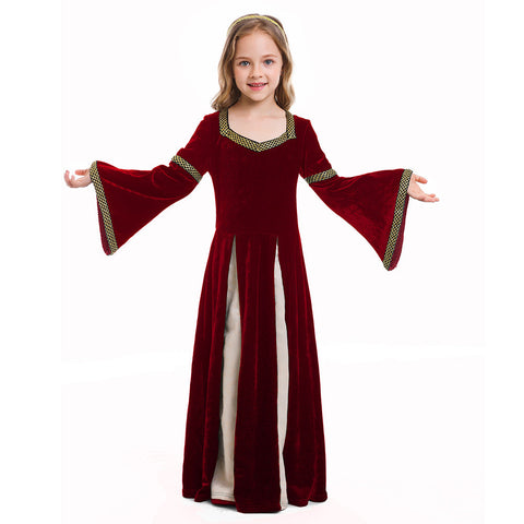SeeCosplay Retro Medieval Kids Girls Red Dress Party Gown Costume Outfits Halloween Carnival Party Suit