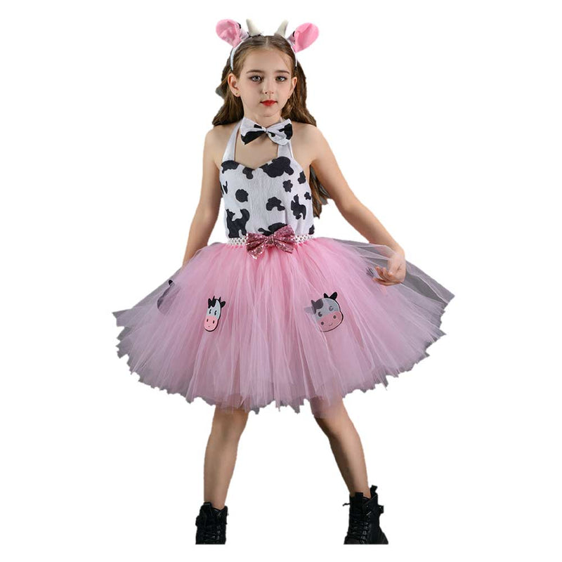 Girl‘s Pink Cow Picture Skirt Mesh Tutu Dress Cosplay Costume Outfits Halloween Carnival Suit