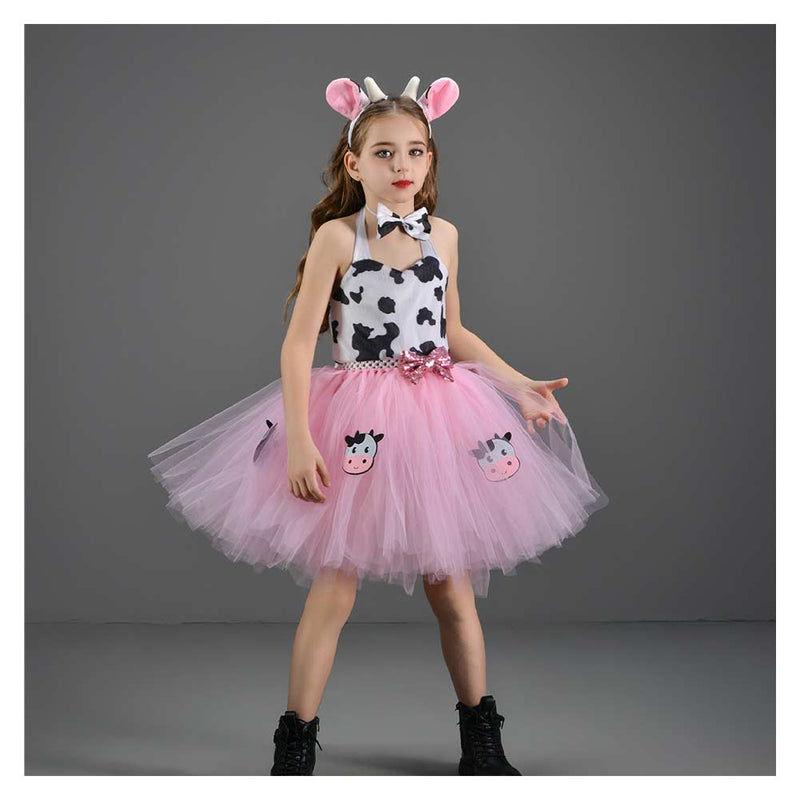 Girl‘s Pink Cow Picture Skirt Mesh Tutu Dress Cosplay Costume Outfits Halloween Carnival Suit