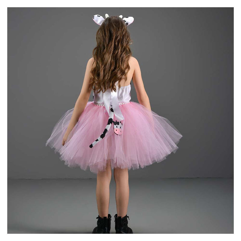 Girl‘s Pink Cow Picture Skirt Mesh Tutu Dress Cosplay Costume Outfits Halloween Carnival Suit