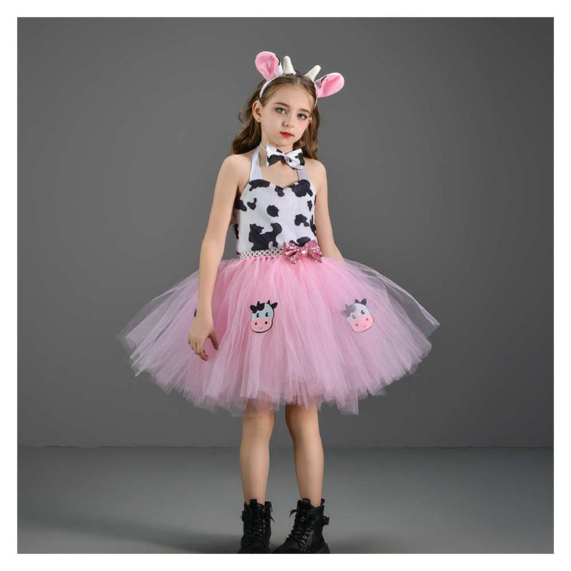 Girl‘s Pink Cow Picture Skirt Mesh Tutu Dress Cosplay Costume Outfits Halloween Carnival Suit