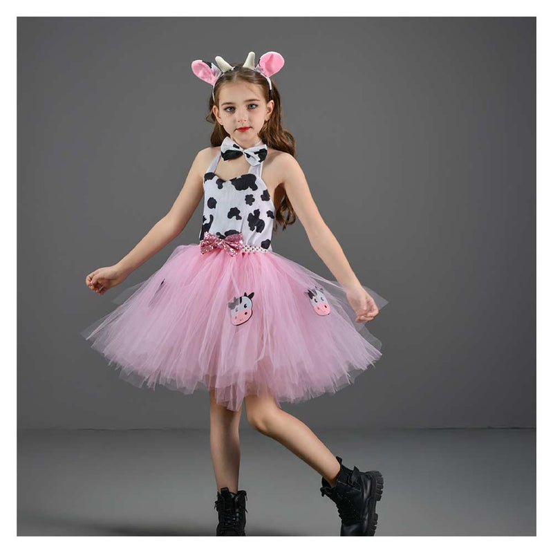 Girl‘s Pink Cow Picture Skirt Mesh Tutu Dress Cosplay Costume Outfits Halloween Carnival Suit