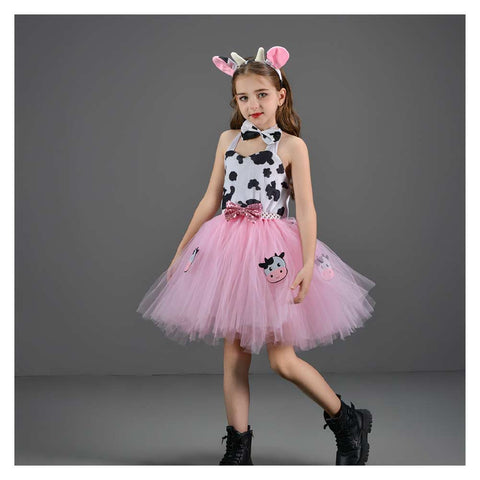 Girl‘s Pink Cow Picture Skirt Mesh Tutu Dress Cosplay Costume Outfits Halloween Carnival Suit