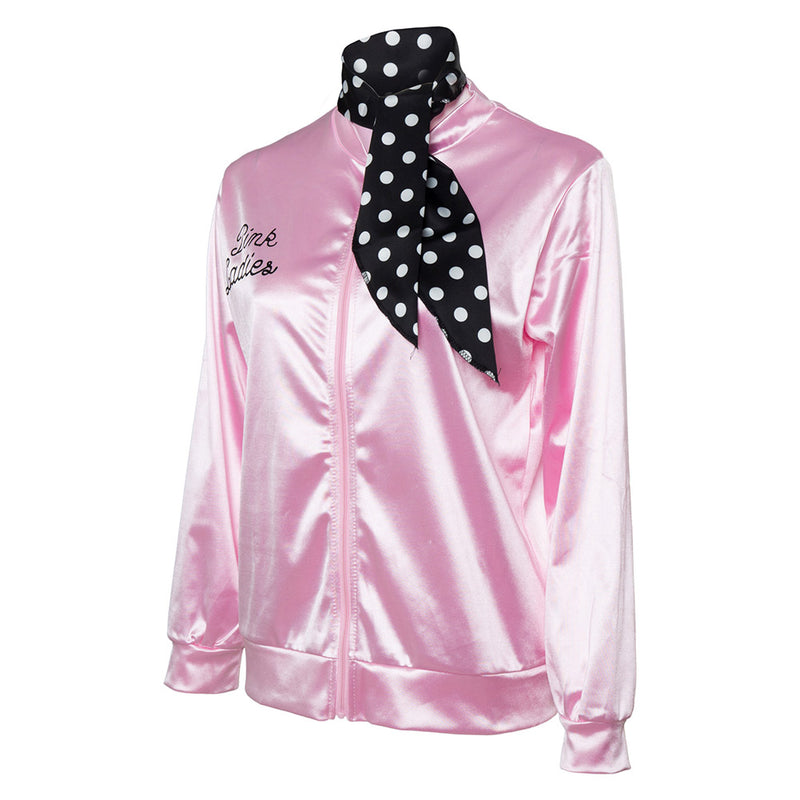 Grease Pink Ladies Cosplay Jacket Kids Children Satin Coat With  Neckscarf Costume Retro Fancy Jacket Halloween Carnival Party Suit