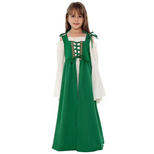 Medieval Renaissance Costume: Kids Square Collar Retro Dress Female Outfits Halloween Costume