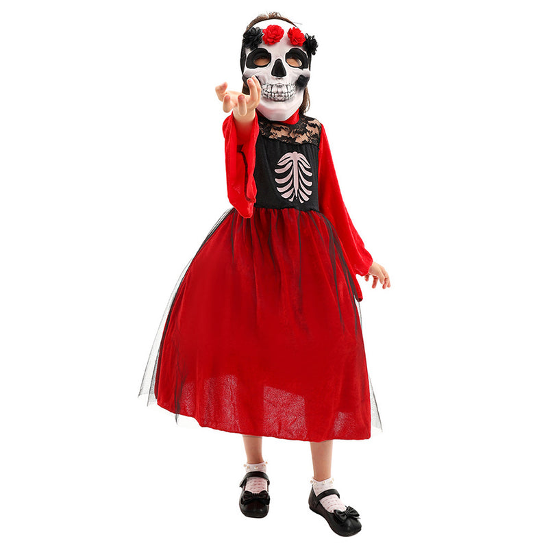 Halloween Day of the Dead Girl Skeleton Mask Children‘s Dress Cosplay Costume Outfits Halloween Carnival Suit