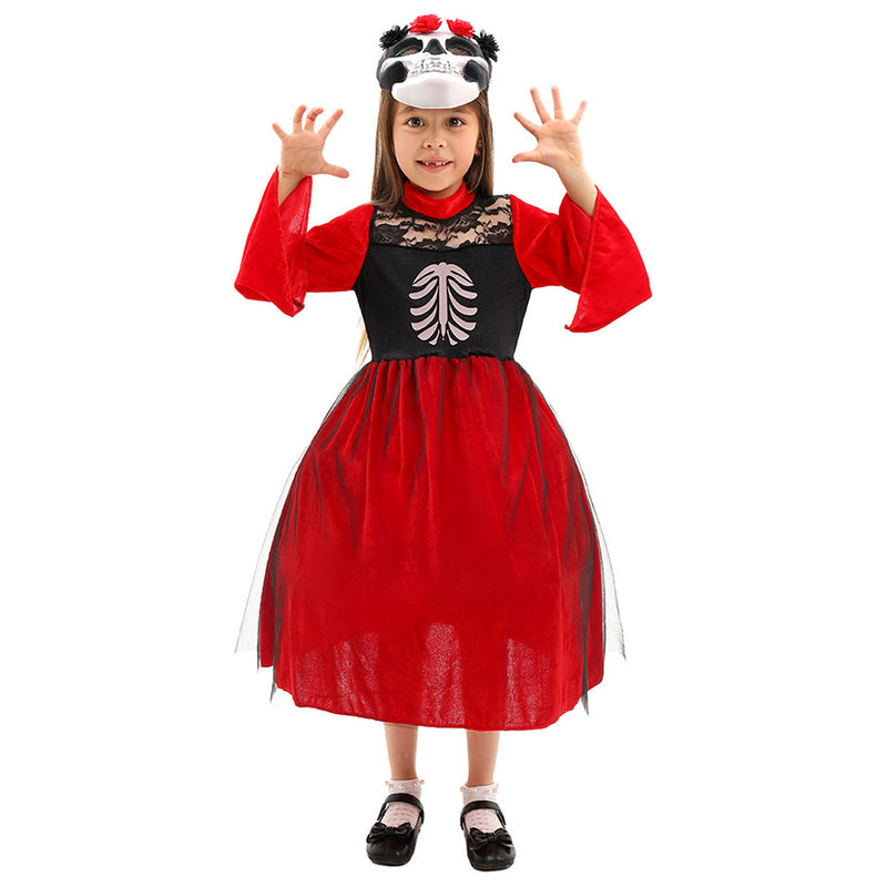 Halloween Day of the Dead Girl Skeleton Mask Children‘s Dress Cosplay Costume Outfits Halloween Carnival Suit