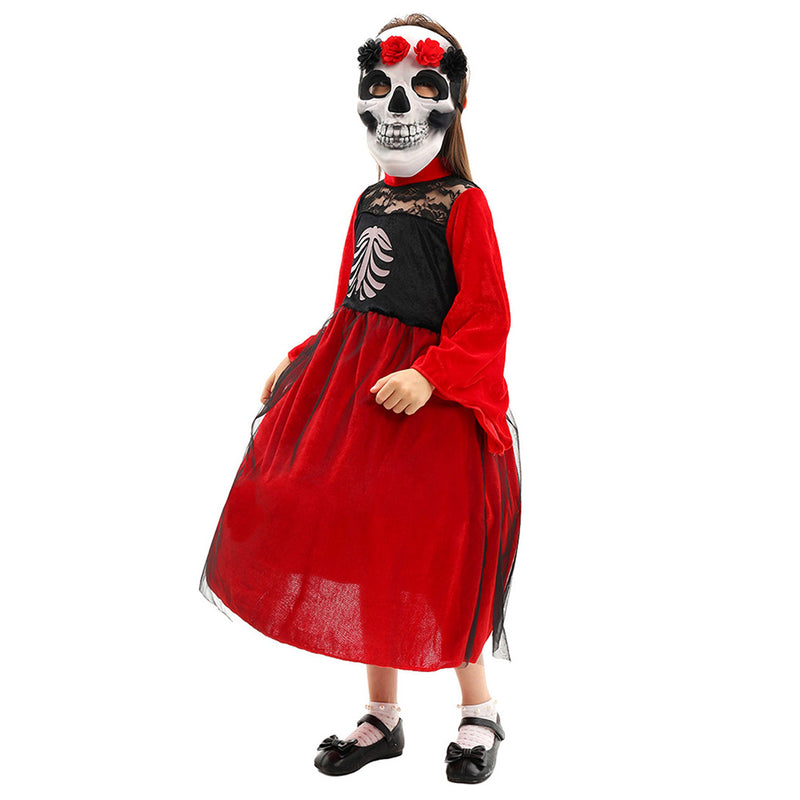 Halloween Day of the Dead Girl Skeleton Mask Children‘s Dress Cosplay Costume Outfits Halloween Carnival Suit