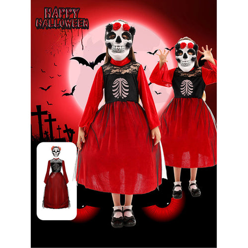 Halloween Day of the Dead Girl Skeleton Mask Children‘s Dress Cosplay Costume Outfits Halloween Carnival Suit