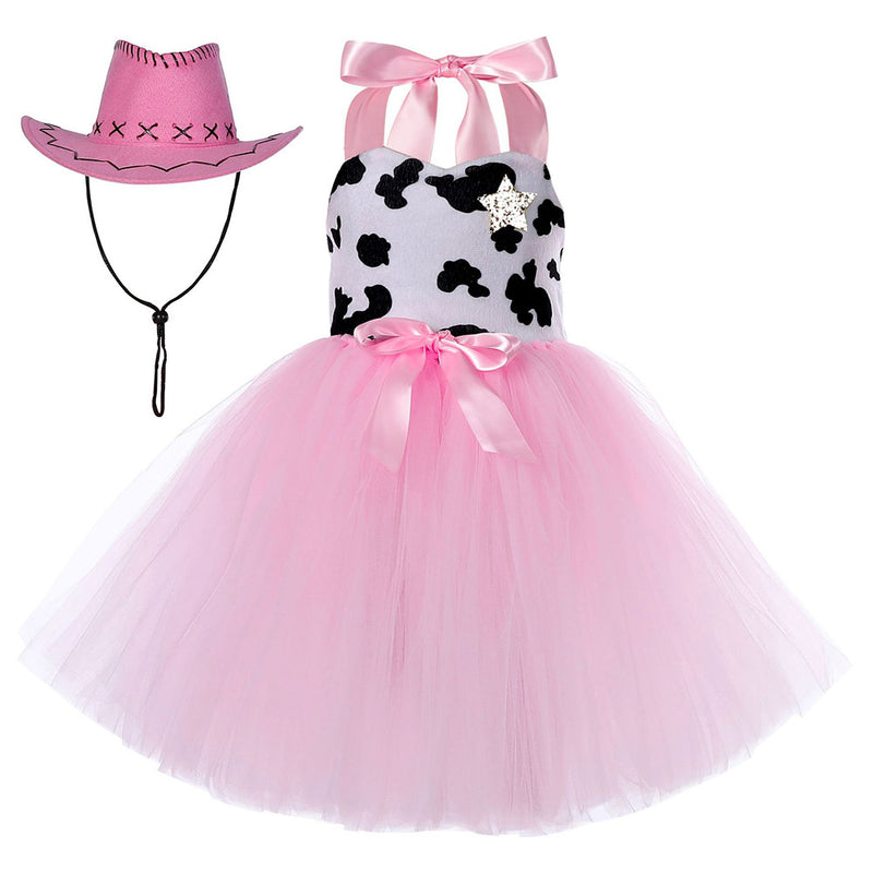 Hinevey Pink Cow Pattern Tutu Dress with Pink Hat Cute Sleeveless Princess Tulle Dress for Girls Sum