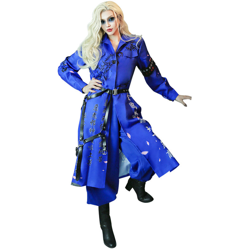 Japanese Bosozoku Kimono Cosplay Costume Blue Coat Pants Outfits Halloween Carnival Suit