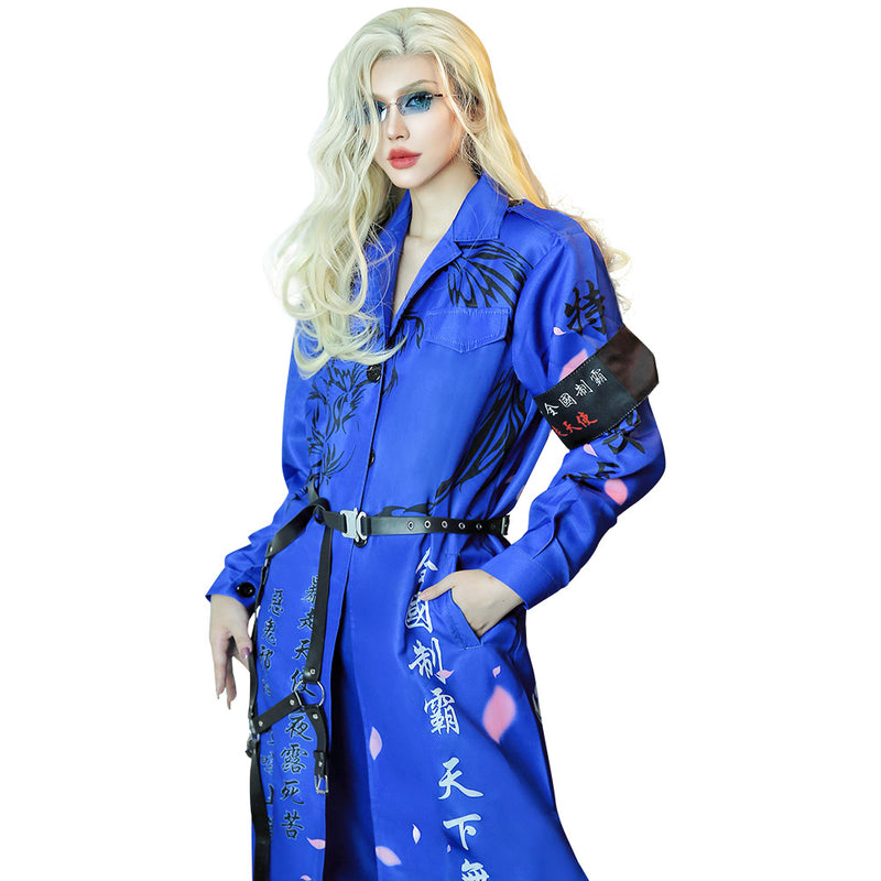 Japanese Bosozoku Kimono Cosplay Costume Blue Coat Pants Outfits Halloween Carnival Suit