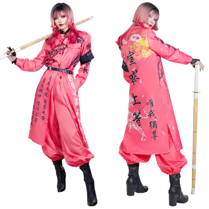 Japanese Bosozoku Kimono Cosplay Costume Pink Coat Pants Outfits Halloween Carnival Suit