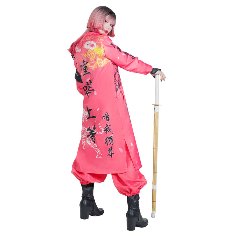 Japanese Bosozoku Kimono Cosplay Costume Pink Coat Pants Outfits Halloween Carnival Suit