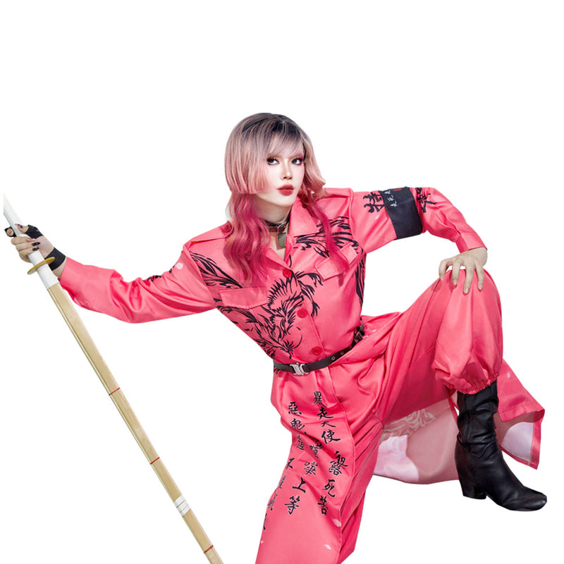 Japanese Bosozoku Kimono Cosplay Costume Pink Coat Pants Outfits Halloween Carnival Suit