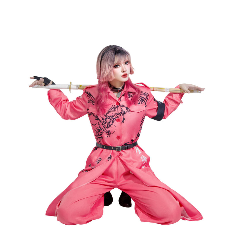 Japanese Bosozoku Kimono Cosplay Costume Pink Coat Pants Outfits Halloween Carnival Suit