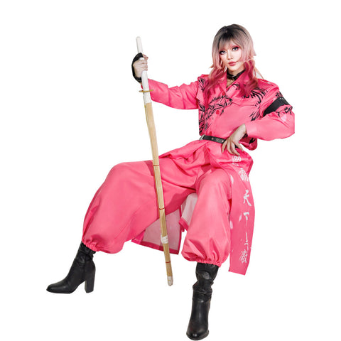 Japanese Bosozoku Kimono Cosplay Costume Pink Coat Pants Outfits Halloween Carnival Suit