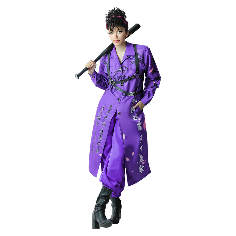 Japanese Bosozoku Kimono Cosplay Costume Purple Coat Pants Outfits Halloween Carnival Suit