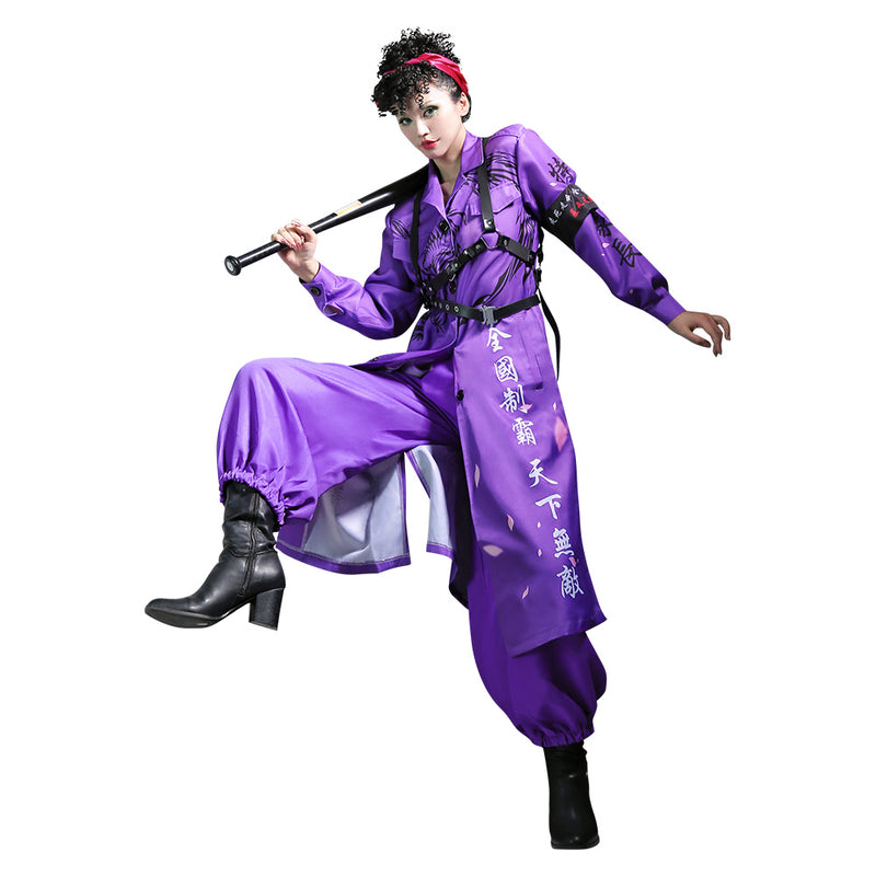 Japanese Bosozoku Kimono Cosplay Costume Purple Coat Pants Outfits Halloween Carnival Suit