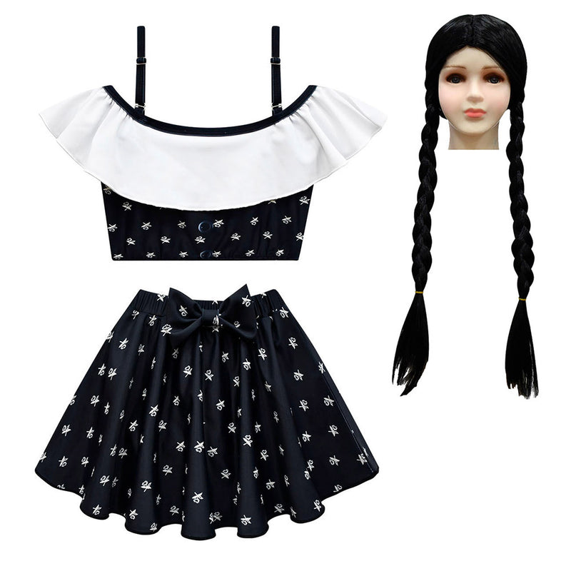 Kid Girls Wednesday Addams Cosplay Costume Dress Wig Outfits Halloween Carnival Suit