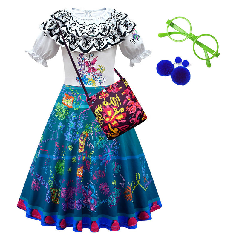Kids Girls Encanto Mirabel Cosplay Costume Dress Bag Earingd Glasses Outfits Halloween Carnival Suit