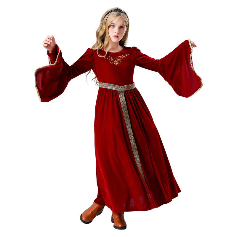 SeeCosplay Kids Girls Retro Medieval Palace Cosplay Red Princess Dress Costume Fancy Outfits Halloween Carnival Suit