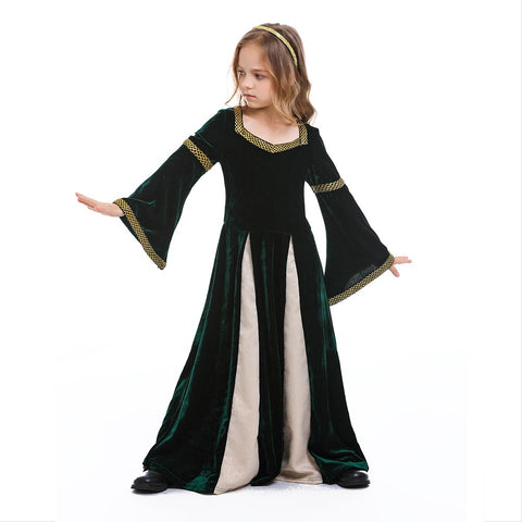 Lofee Medieval vintage dress for girls, courtyard dress, princess dress, Renaissance witch costume, Gothic, long sleeves, for stage shows, green, XL