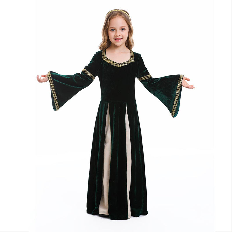 Lofee Medieval vintage dress for girls, courtyard dress, princess dress, Renaissance witch costume, Gothic, long sleeves, for stage shows, green, XL