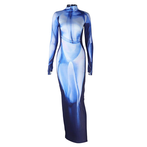 Long Sleeve Stretchy Midi Dress Y2k 3D Body Print Maxi Dress body print dress Cosplay Costume Outfits Halloween Carnival Suit