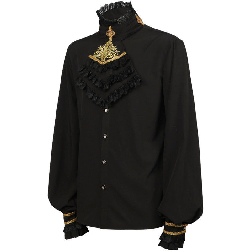 Men Long Sleeve Renaissance Medieval Victorian Pirate Gothic Retro Stand Collar Shirt Top Costume