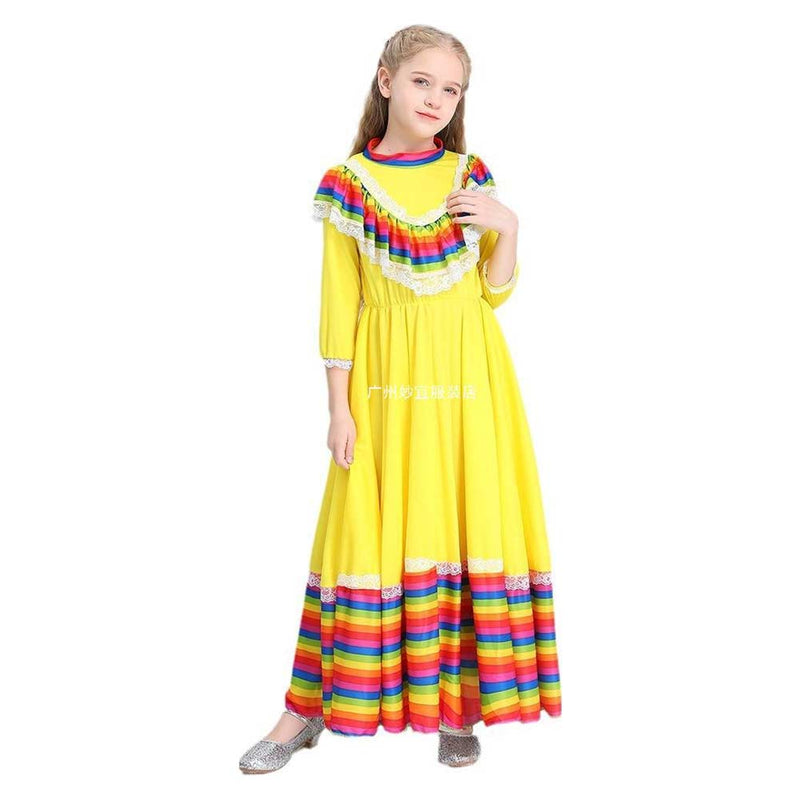 Mexican Dress Birthday Party Halloween Costume Kids Child Mexico Big Circle Long Gypsy Flamenco Dance Skirt