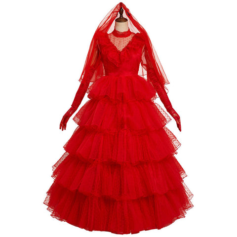 Movie Beetle Juice Lydia Cosplay Costume Red Wedding Dress Outfits Halloween Carnival Suit