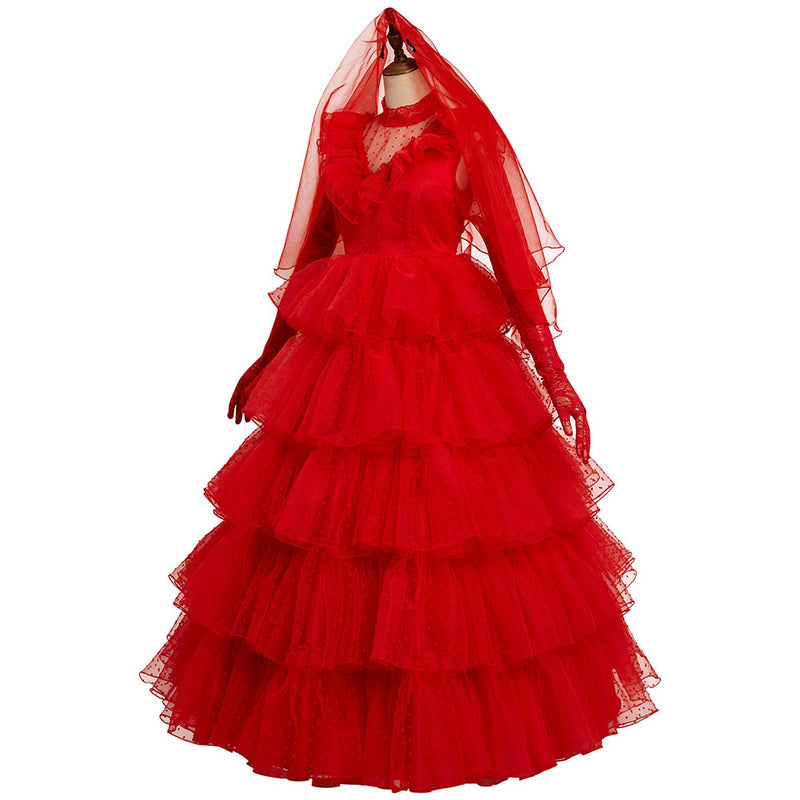 Movie Beetle Juice Lydia Cosplay Costume Red Wedding Dress Outfits Halloween Carnival Suit