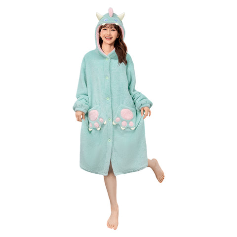 [OLAOLA] Costume Winter Lingerie Dinosaur Cute Adult Hooded Fluffy Pajamas Overall Roomwear Warm Cold Protection Thick Hand Loose (JP, Alphabet, S, Grey)