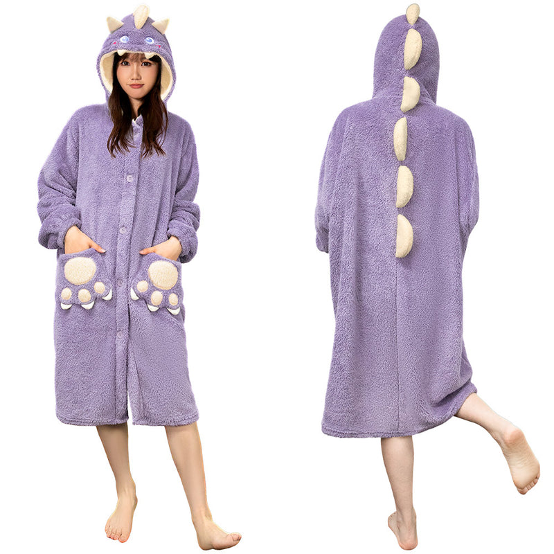 [OLAOLA] Costume Winter Lingerie Dinosaur Cute Adult Hooded Fluffy Pajamas Overalls Roomwear Warm Cold Protection Thick Hand Loose (JP, Alphabet, S, Purple