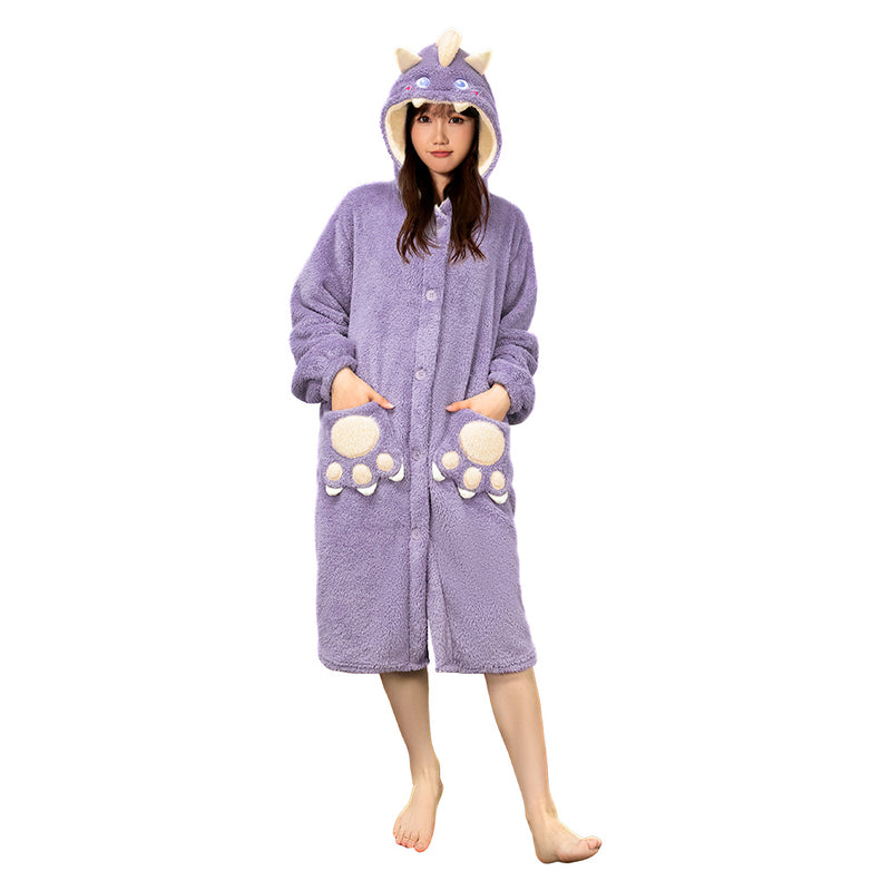 [OLAOLA] Costume Winter Lingerie Dinosaur Cute Adult Hooded Fluffy Pajamas Overalls Roomwear Warm Cold Protection Thick Hand Loose (JP, Alphabet, S, Purple